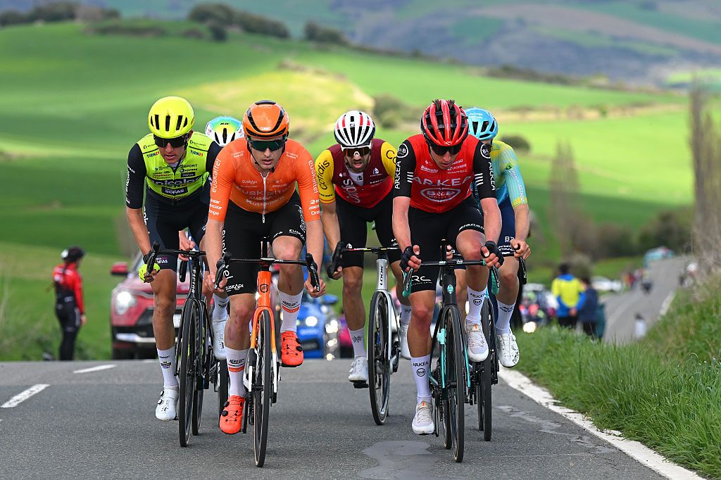 ESTELLALIZARRA SPAIN APRIL 05 LR Harrison Wood of Great Britain and Team Anicolor Tien 21 Xabier Isasa of Spain and Team Euskaltel Euskadi Jesus Herrada of Spain and Team Cofidis and Edoardo Zamperini of Italy and Team Arkea BB Hotels compete in the breakaway during the 34th Gran Premio Miguel Indurain 2025 a 2039km one day race from EstellaLizarra to EstellaLizarra on April 05 2025 in EstellaLizarra Spain Photo by Tim de WaeleGetty Images