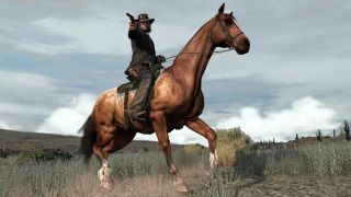 Red Dead Redemption John Marston riding a horse and aiming a revolver
