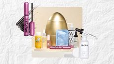 Image of the Lookfantastic The Beauty Egg on a white textured background, with an image of the Benefit Badgal Bounce Mascara and Medik8 Hydra-8 Serum