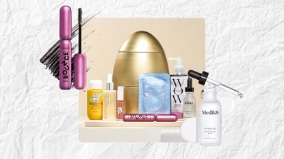 Image of the Lookfantastic The Beauty Egg on a white textured background, with an image of the Benefit Badgal Bounce Mascara and Medik8 Hydra-8 Serum