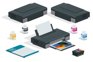 An illustration of a printer and accessories