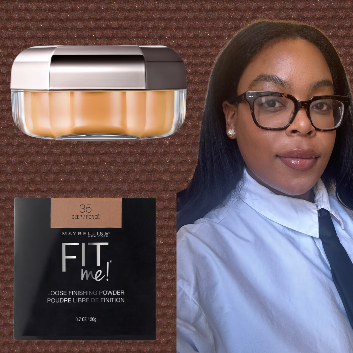 A woman with long hair, a white button-down, and a black tie is on the right.  She is next to two images of loose setting powders. All images are in front of a brown background. 