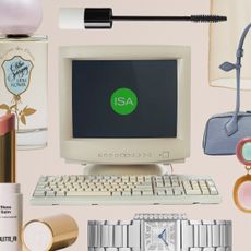 a collage of fashion and beauty images surrounding a retro computer