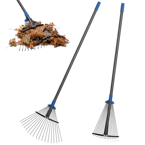 Jaotrel Adjustable Metal Leaf Rake Long Handle, 60 Inch Garden Rakes for Lawns Heavy Duty Leaves With Expandable Head 8-17", Yard Women Kids Rake for Gardening Rv Camping
