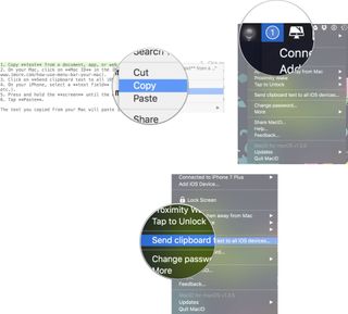 How to share clipboards: Copy text on Mac, then click Mac ID in the Menu bar, then click copy text to clipboard