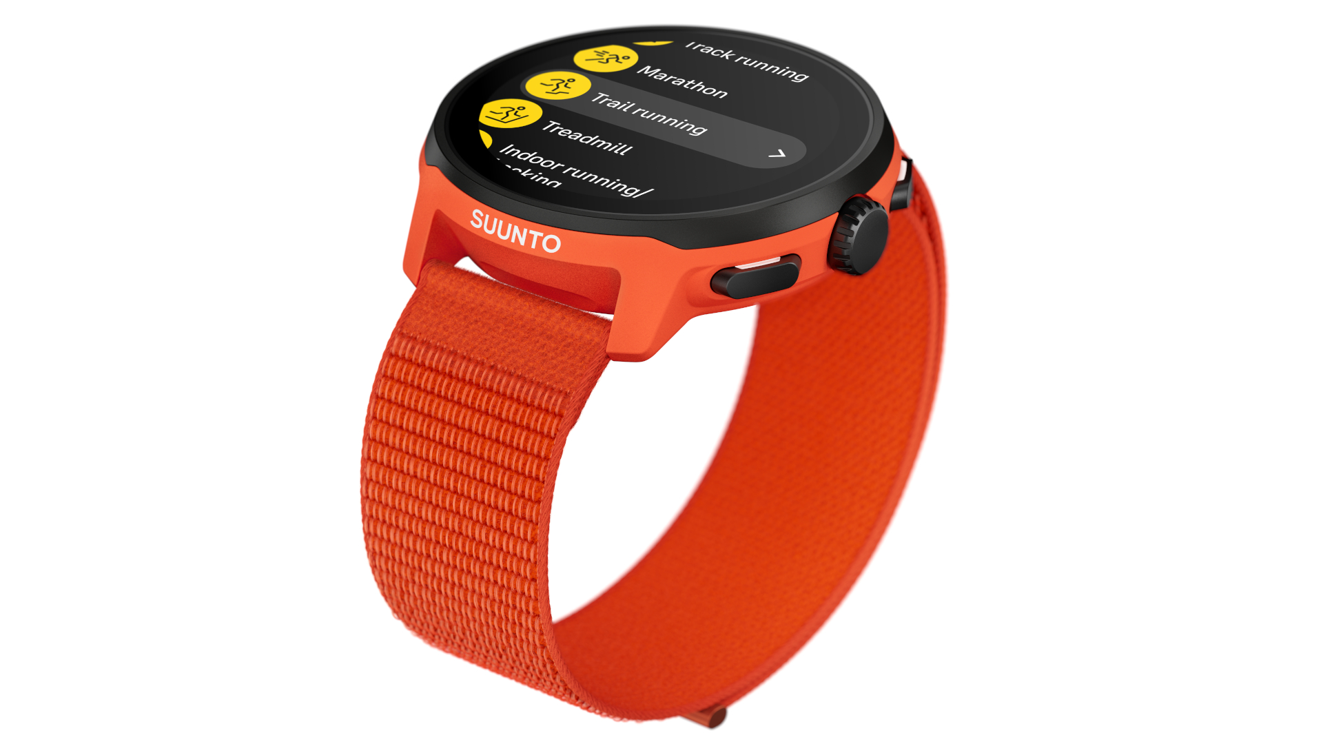 Render of the Suunto Run showing different sports modes on the AMOLED display, the steel bezel, and the crown and buttons along the right side of the case.