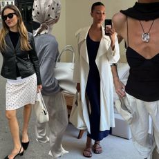 a collage of influencers carrying ivory handbags