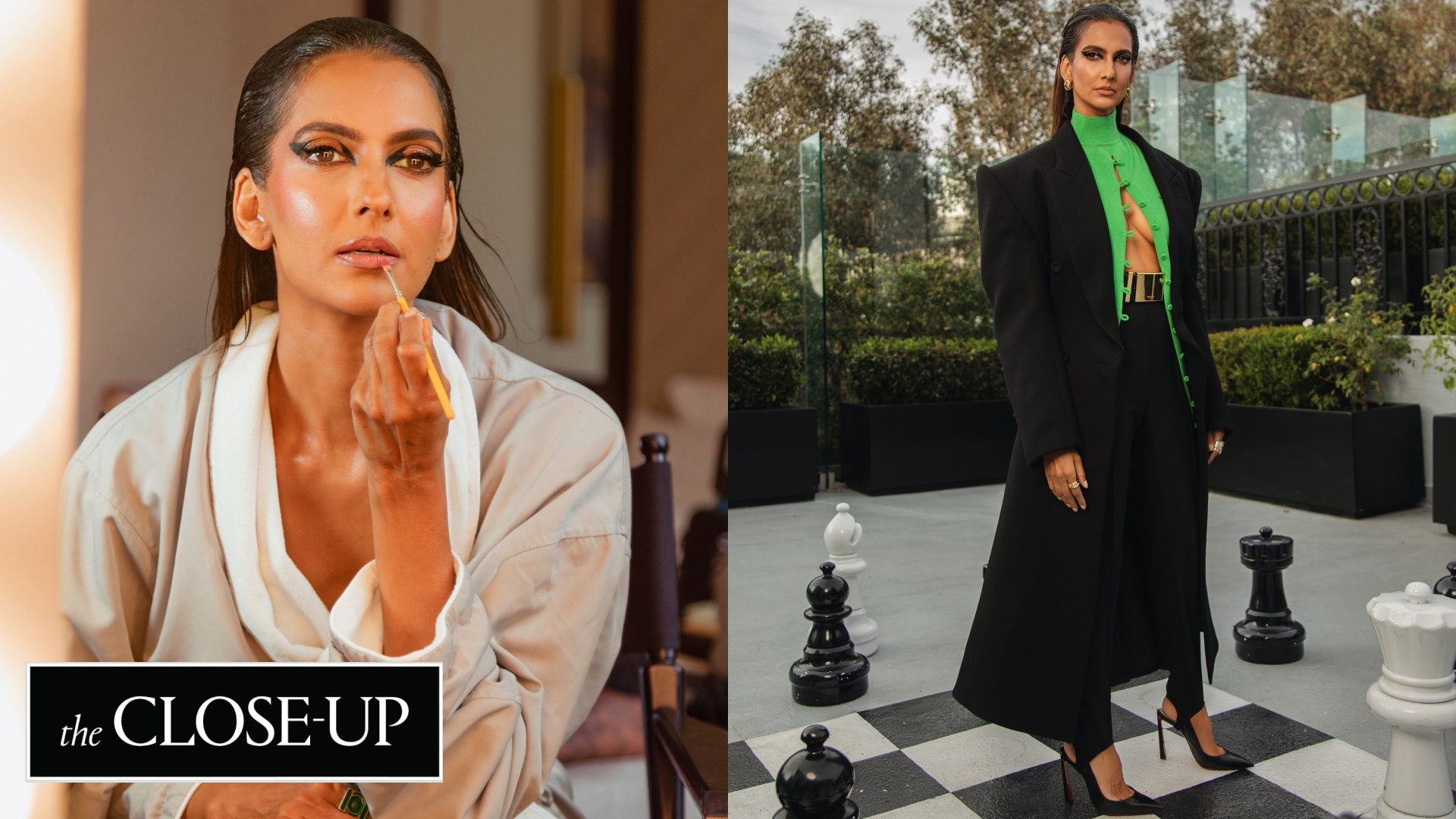 Poorna Jagannathan getting ready for the premiere of 'Lanterns' in L.A., wearing a black-and-green cool from Mugler.