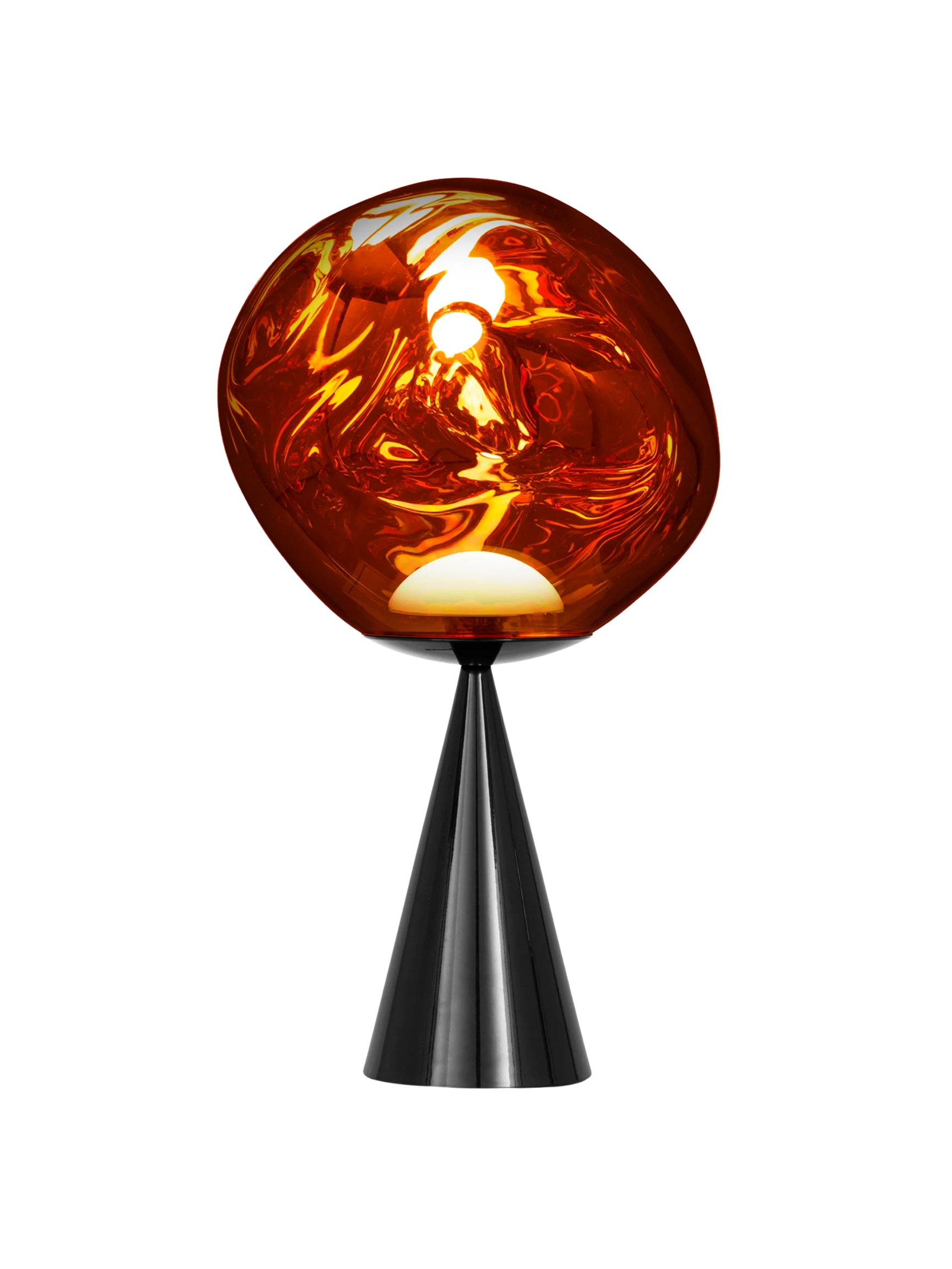 A bronze, "melt"-effect table lamp with a black triangular base.