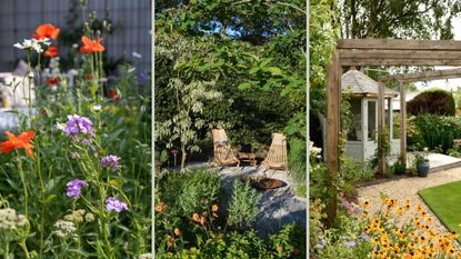 collage of three garden images showing key garden trends 2024 with natural wild flowers and sustainable materials