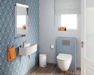 Small bathroom with light blue honeycomb tiles and accents