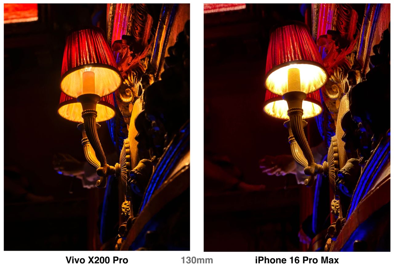 A comparison of Vivo X200 Pro and iPhone 16 Pro photos of a light. The highlights are more preserved in the X200 Pro sample, but the shadows are prioritised by the iPhone.