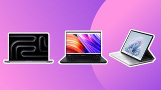 Three of the best laptops for photo editing on a purple background