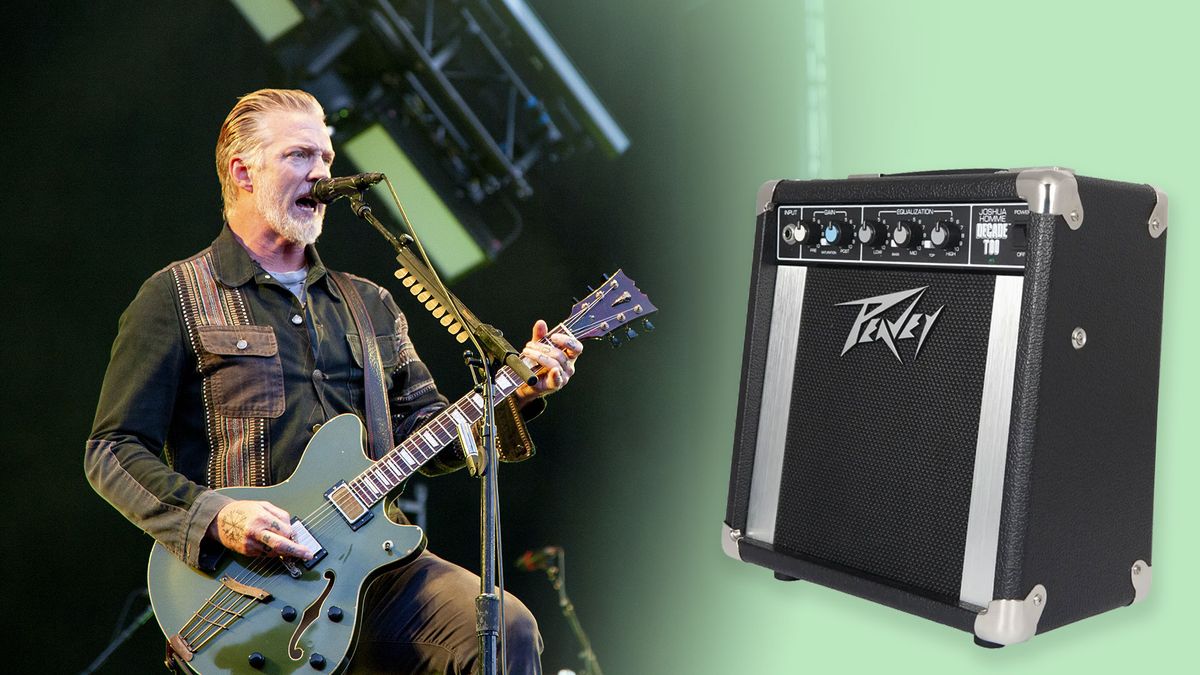 Josh Homme playing onstage – and the Peavey Decade Too on a green background