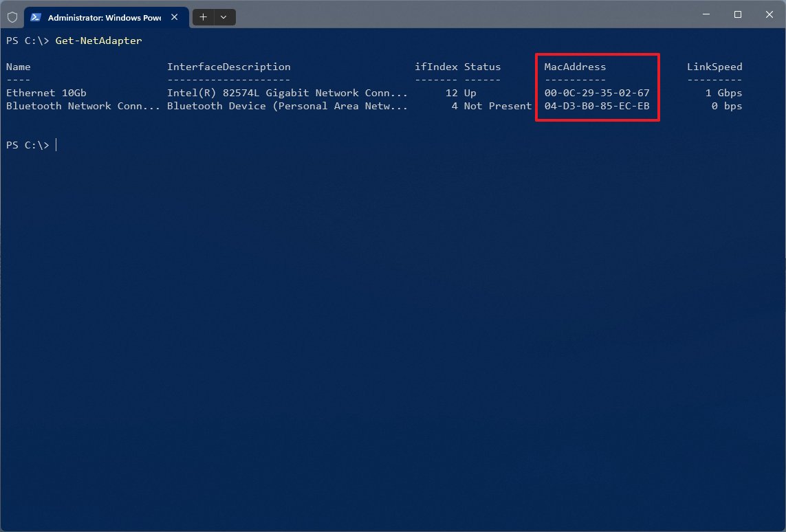 PowerShell command to find MAC address