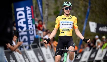 Current overall ranking leader Team Decathlon CMA CGM's French rider Paul Seixas celebrates winning the second stage of the Basque Country's Itzulia cycling tour, a 164.1 km race between Pamplona and Mendukilo cave, near Astitz, on April 7, 2026. (Photo by ANDER GILLENEA / AFP)