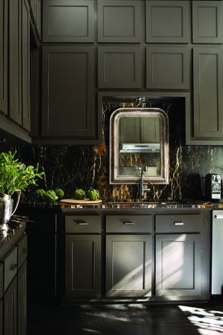 Dark painted kitchen with mirror and painted feature wall