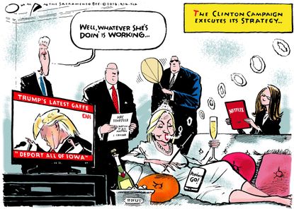 Political cartoon U.S. Hillary Clinton campaign strategy election 2016 Donald Trump
