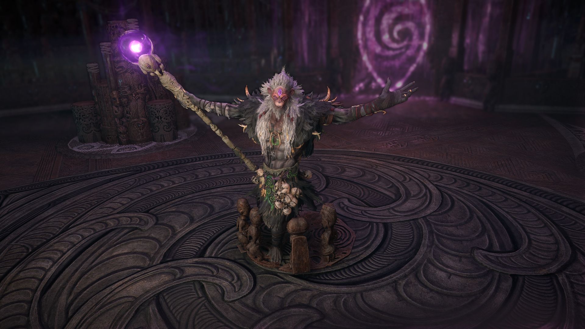 A monkey guy lifts his arms in triumph.