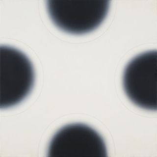 'E3', by Wojciech Fangor, 1965. Blurred black circles on the edges of a white background.