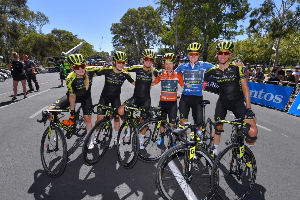2019 Tour Down Under winner Amanda Spratt with her Mitchelton-Scott teammates.