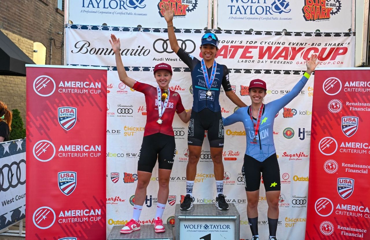 Elite women's podium for Giro Della Montagna, final ACC race: second place Skylar Schneider (Miami Blazers), winner Marlies Mejias (Virginia&rsquo;s Blue Ridge Twenty24) and Alexis Magner (L39ION of Los Angeles) third