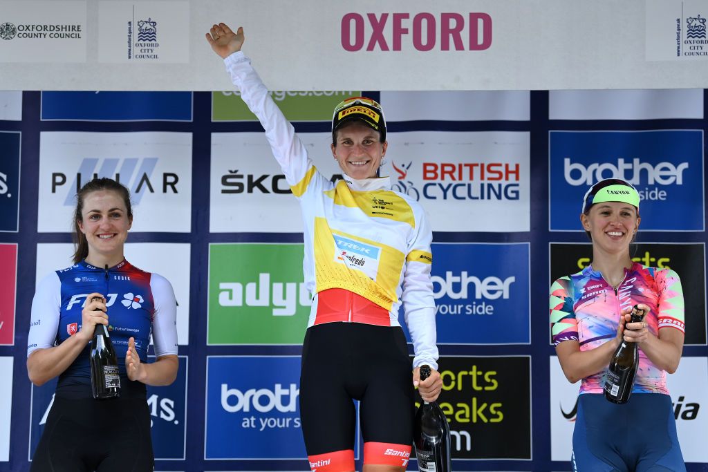 OXFORD ENGLAND JUNE 11 LR Grace Brown of Australia and Team FDJ Nouvelle Aquitaine Futuroscope on second place race winner Elisa Longo Borghini of Italy and Team Trek Segafredo yellow leader jersey and Katarzyna Niewiadoma of Poland and Team CanyonSram Racing on third place pose on the podium ceremony after the t8th The Womens Tour 2022 Stage 6 a 1429km stage from Chipping Norton to Oxford WomensTour UCIWWT on June 11 2022 in Oxford England Photo by Justin SetterfieldGetty Images