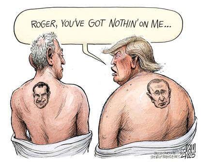 Political Cartoon U.S. Trump Roger Stone tattoos