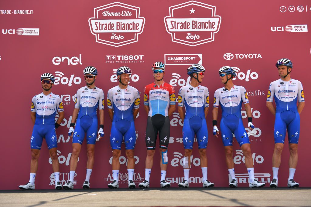 SIENA ITALY AUGUST 01 Start Podium Julian Alaphilippe of France Kasper Asgreen of Denmark Davide Ballerini of Italy Mikkel Frlich Honor of Denmark Bob Jungels of Luxembourg Pieter Serry of Belgium Zdenek Stybar of Czech Republic and Team Deceuninck QuickStep during the Eroica 14th Strade Bianche 2020 Men a 184km race from Siena to SienaPiazza del Campo StradeBianche on August 01 2020 in Siena Italy Photo by Tim de WaeleGetty Images