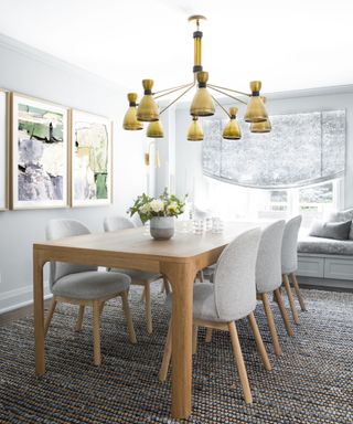 Grey dining chairs, wooden dining table