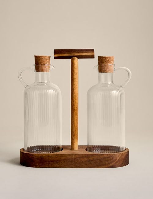 Set of 2 Glass Oil Pourers With Caddy