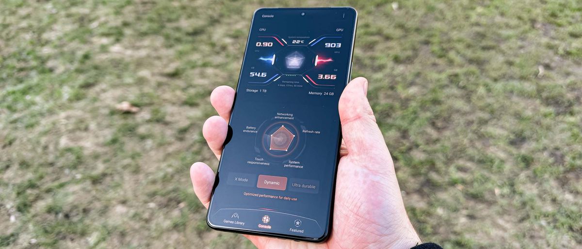 Asus ROG Phone 8 Pro from front, using Armory Crate app