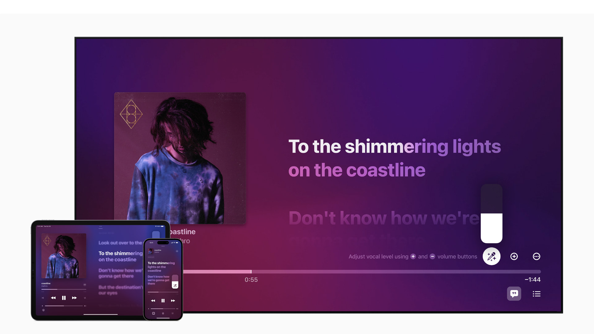 An Apple Music promo image of the app on a smartphone and Mac showing lyrics.