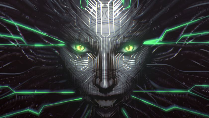 Close up of Shodan, antagonist of System Shock 2. Feminine face with circuitry spreading over it and out into wires surrounding.
