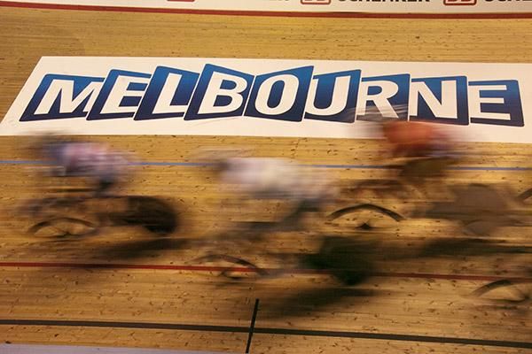 Speeding around the boards in Melbourne: Action from the women's ten kilometre scratch race, part of the omnium series.