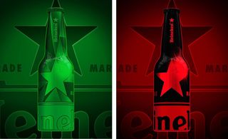 One red image and one green image of the final Heineken ODE bottle designs by André Coelho and Sandra Garcia