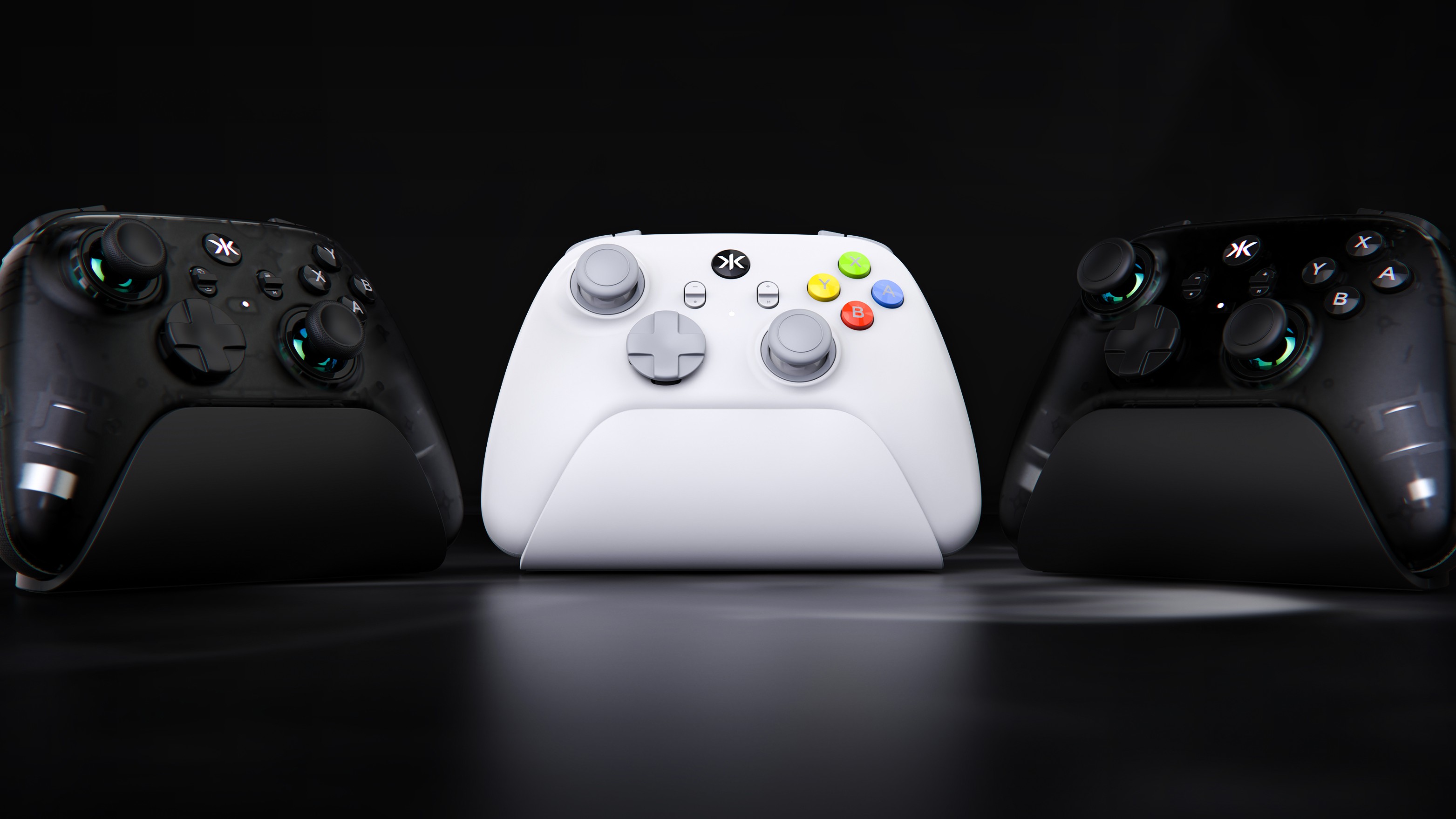 Three CRKD Ult Pro controllers in various colors.