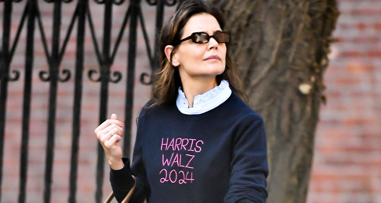 Katie Holmes wears a Harris Walz sweater in support of Kamala Harris&#039;s campaign while walking in Manhattan on Oct. 31