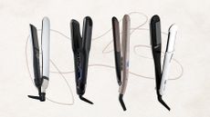 Collage of 4 of the best hair straighteners from (left to right) ghd, Cloud Nine, Remington and L'Oreal Professionnel, set against an off-white background with a taupe fine line detail