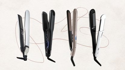 Collage of 4 of the best hair straighteners from (left to right) ghd, Cloud Nine, Remington and L'Oreal Professionnel, set against an off-white background with a taupe fine line detail