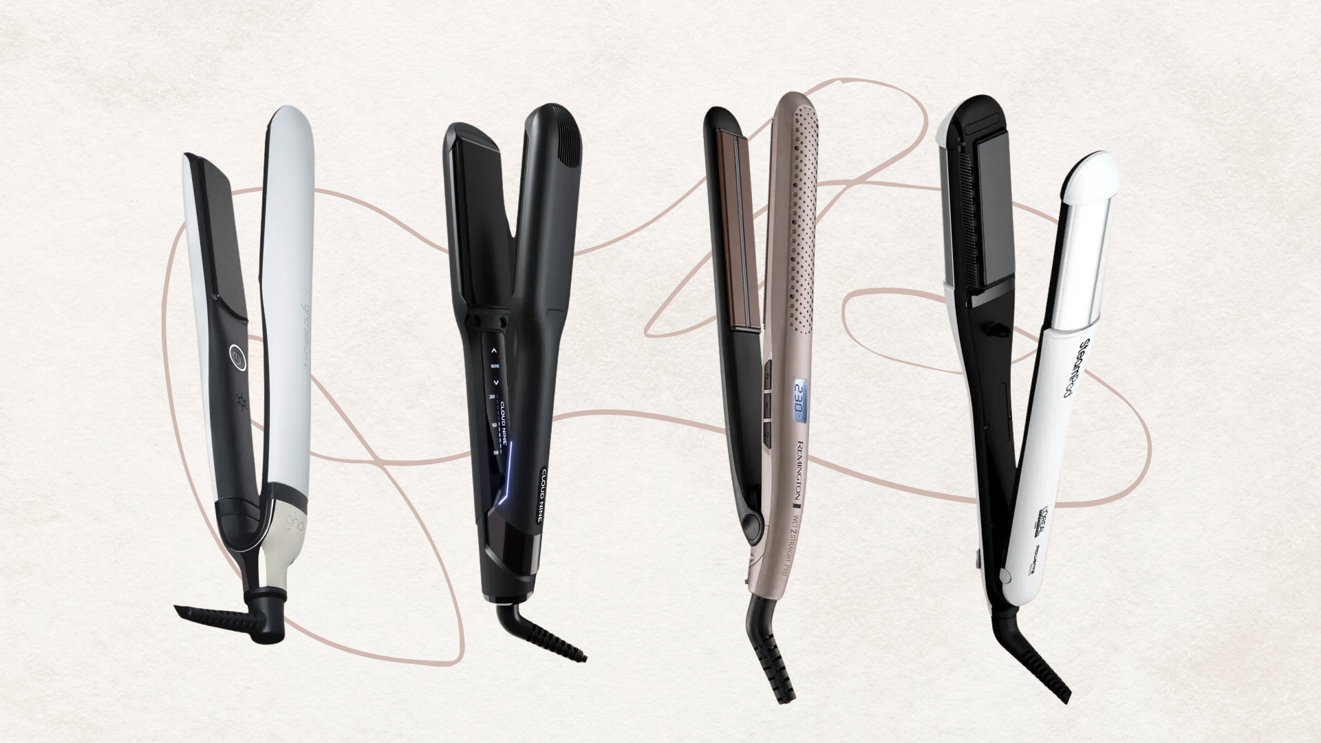 Collage of 4 of the best hair straighteners from (left to right) ghd, Cloud Nine, Remington and L'Oreal Professionnel, set against an off-white background with a taupe fine line detail