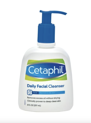Best Cleansers for Combination Skin 2024: a bottle of cetaphil cleanser in front of a plain backdrop