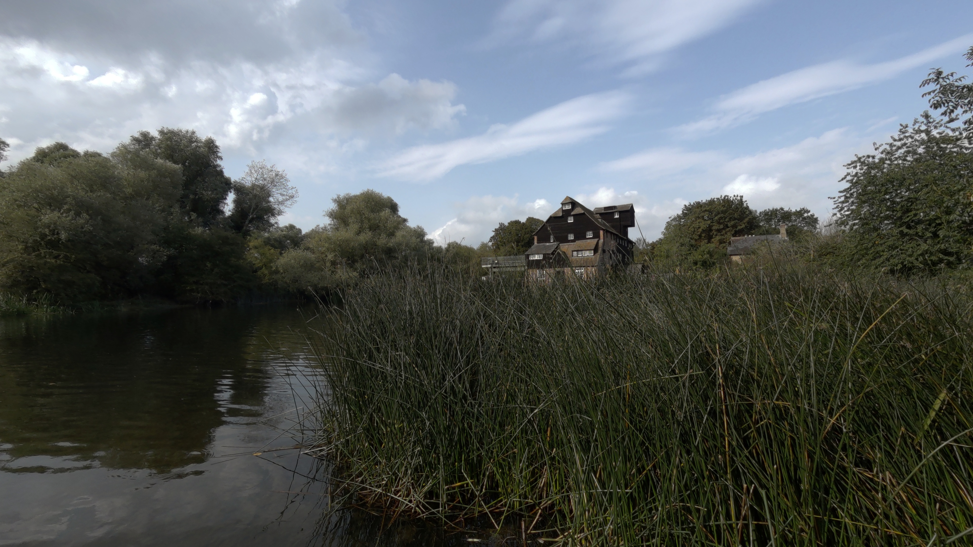 A river with lots of green reeds and marshes with a building in the far background shot on a Kandao QooCam 3 Ultra 360 camera