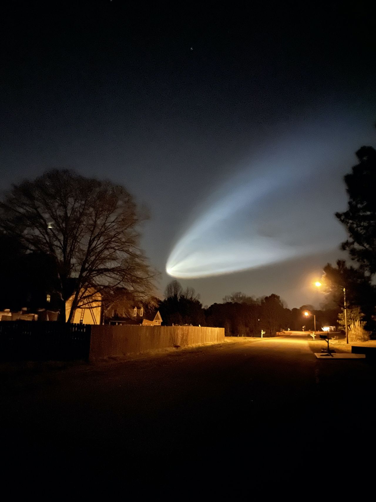 This photo by Jonathan W. shows the SpaceX Falcon 9 rocket launch on March 14, 2021 as seen from Holly Springs, NC.