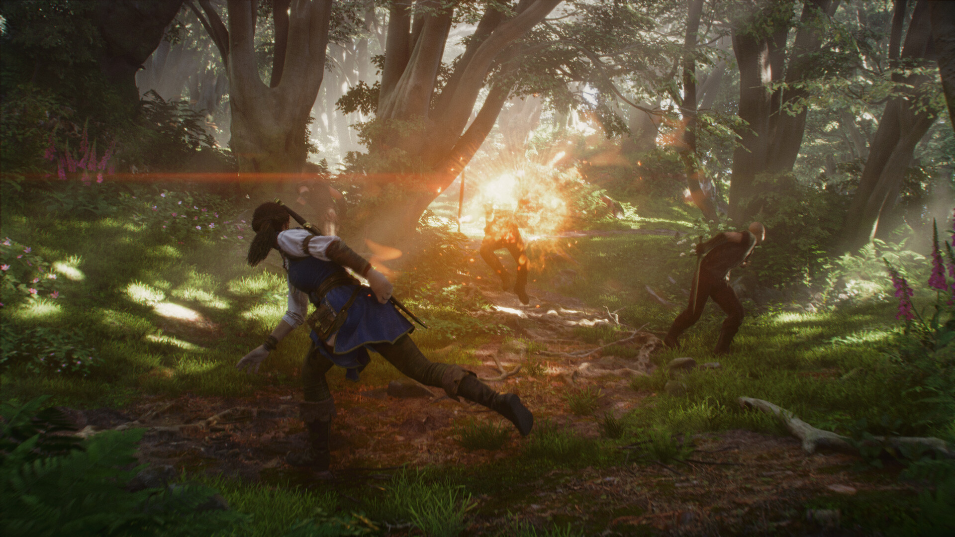 Fable screenshot showing the character engaged in magical combat in a mystical forest