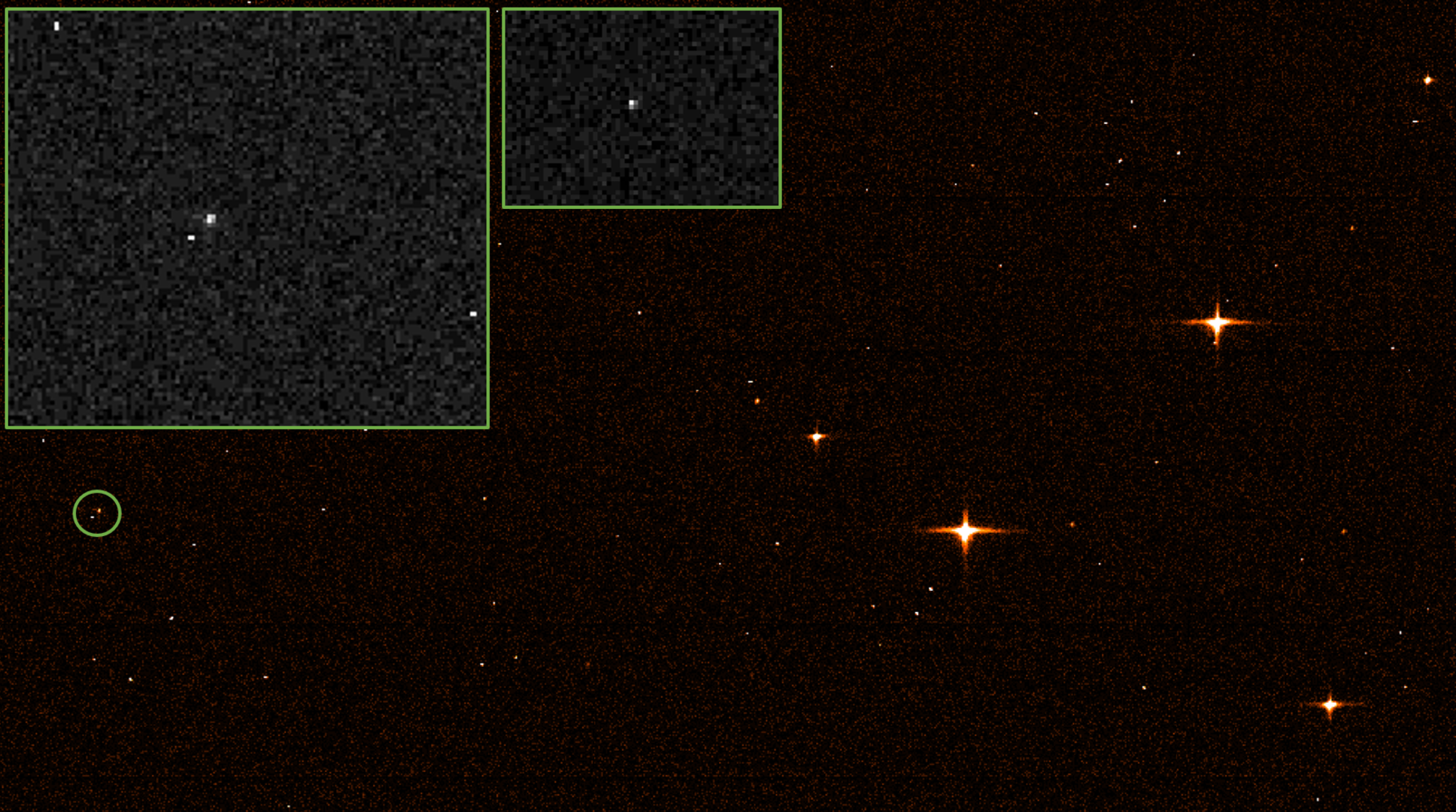 The European Space Agency's Gaia spacecraft spotted the James Webb Space Telescope, circled in green, with two inset views.