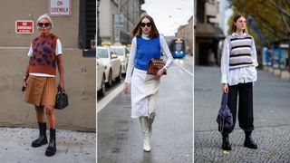 A composite of street style influencers showing autumn outfit ideas - sleeveless knit and top