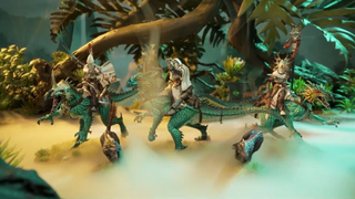 Aeldari Exodites on dinosaurs amongst a misty forest environment