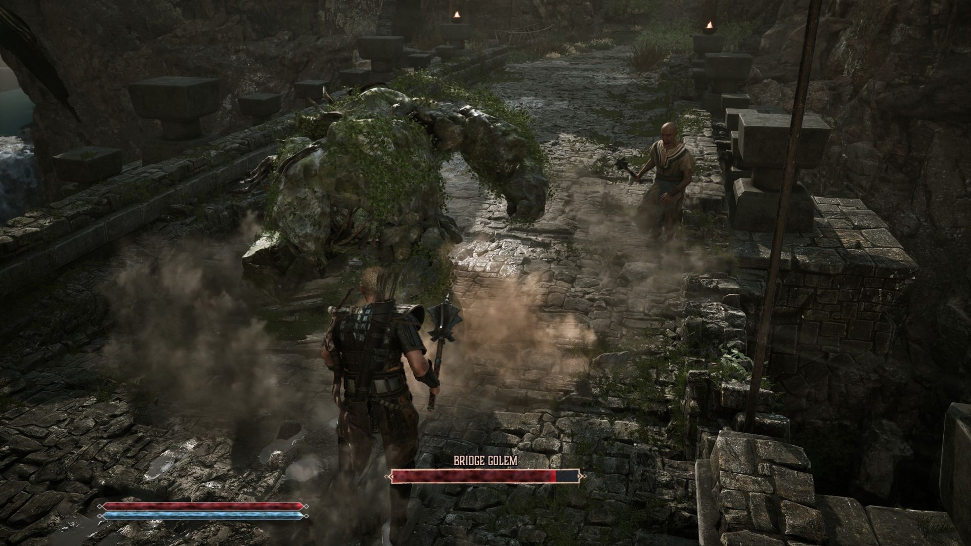 The Nameless Hero and Lester take on a bridge golem