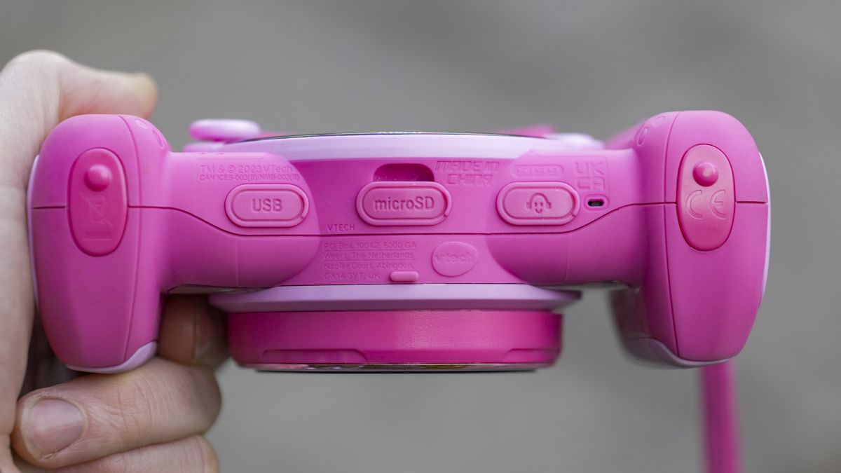 Underside of a pink V-Tech KidiZoom Duo camera